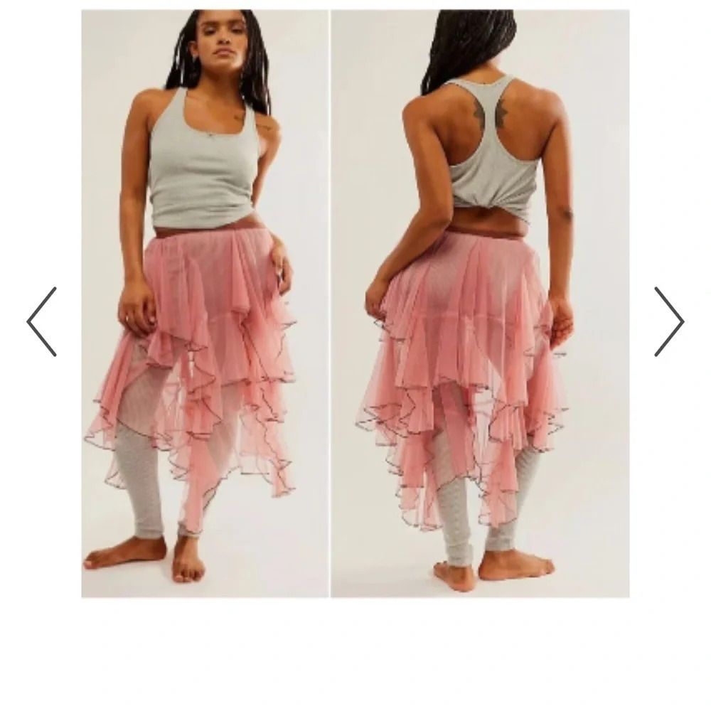 Y2K FP ONE Free People Net Godet Half Slip Midi SKIRTM/LPink Sheer Tulle Ruffled
